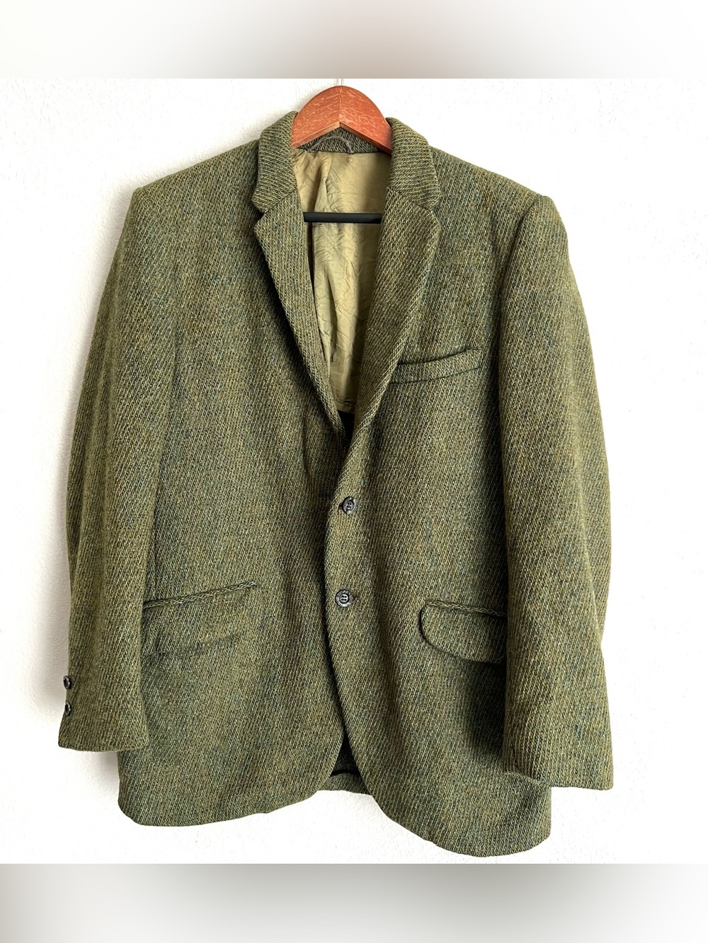 Vintage 60s Harris Tweed Mens Wool Sport Coat Blazer Size 38 Olive Green